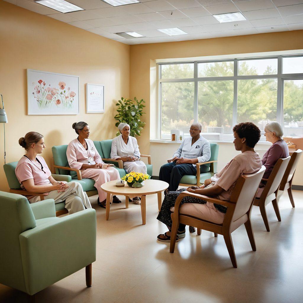 A serene scene depicting a diverse group of patients in a warm, inviting oncology clinic, engaging with compassionate healthcare professionals. Infographics about cancer awareness and supportive tips are subtly integrated into the background. Soft lighting enhances the atmosphere, conveying hope and understanding. Include elements like fresh flowers and comforting chairs to promote a sense of community and support. super-realistic. vibrant colors. warm tones.