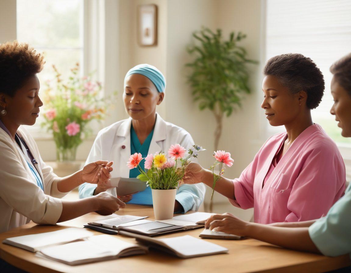 A serene and uplifting scene depicting diverse cancer patients receiving support from compassionate healthcare professionals. Show an empowering atmosphere with soft lighting, comforting colors, and symbols of hope like a blooming flower or a guiding hand. Include informational resources like pamphlets and a laptop with supportive online communities visible. The background should feature a tranquil nature setting to symbolize healing and resilience. super-realistic. vibrant colors. soft focus.